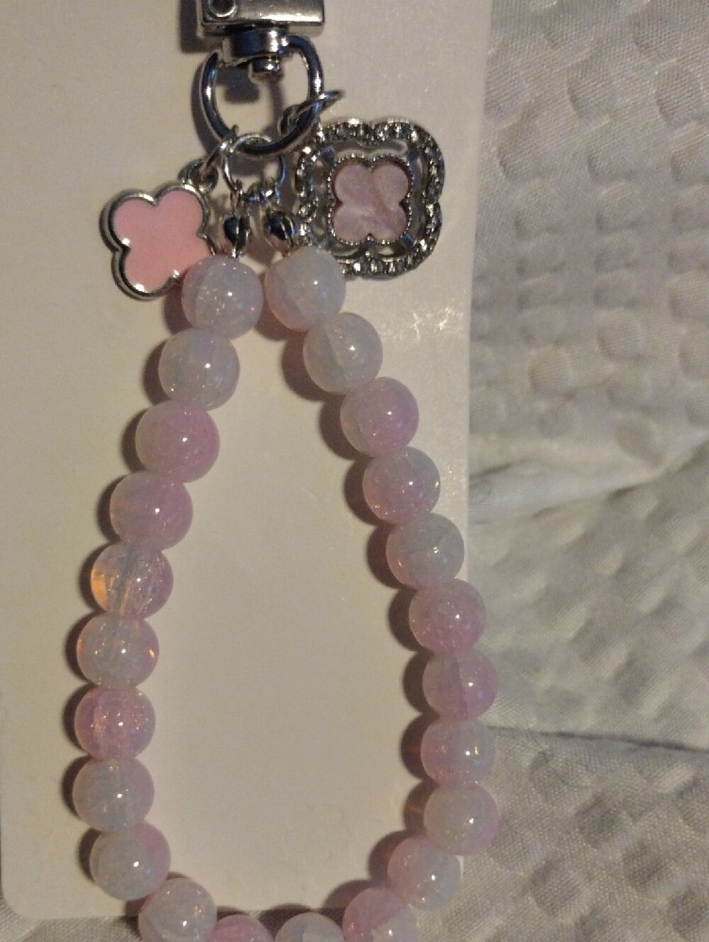 Pink Beaded Keychain Wristlet with Clover Charms - Picture 2 of 4